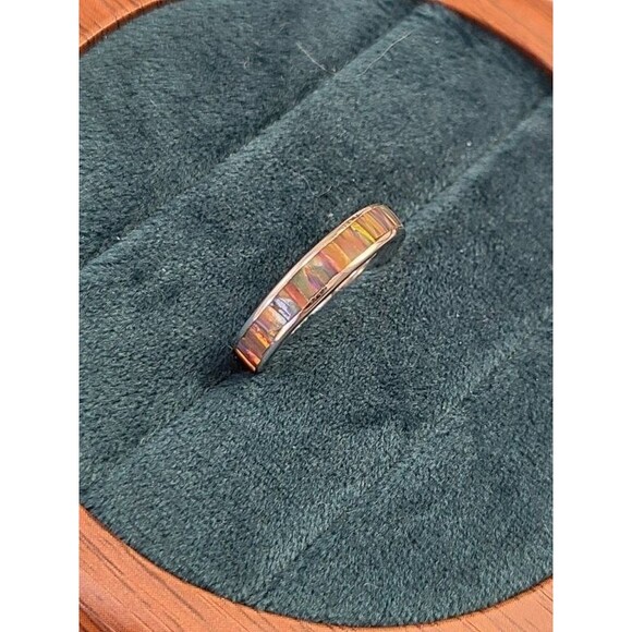 Sterling Silver Opal Inlay Band Ring 925 Size 6.5 Rainbow Mosaic Stackable Boho - Picture 3 of 6